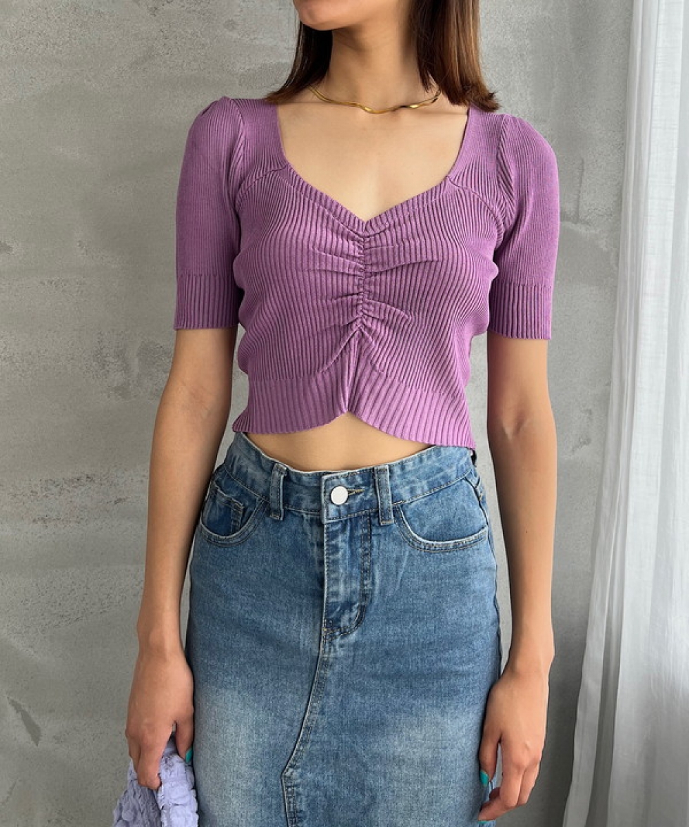 Shirring cropped knit tops