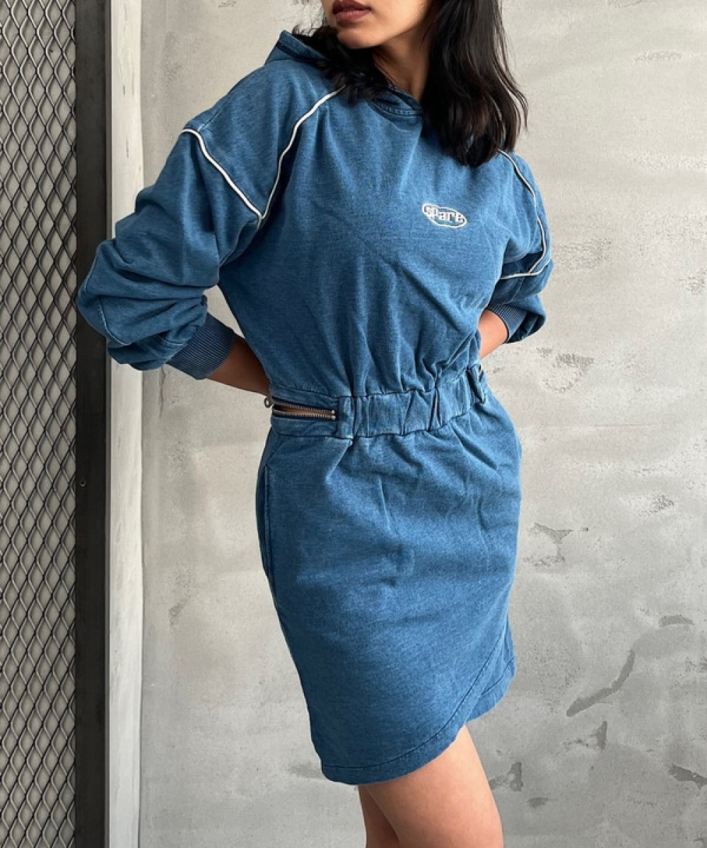 Waist zip sweat hood one-piece