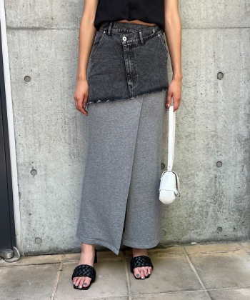 Denim switching sweat long skirt