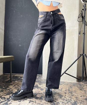 Waist side slit denim pants