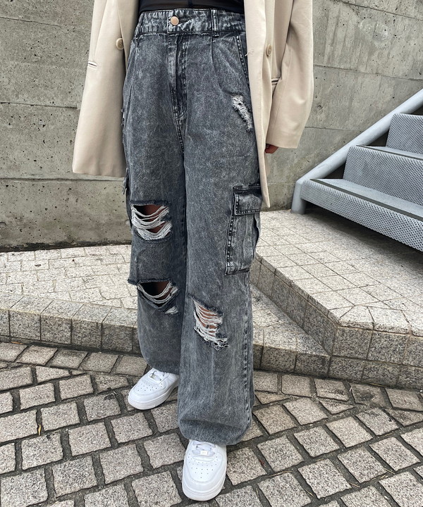 ANDMARY】Back ribbon denim cargo pants