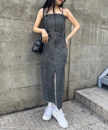 Denim slit one-piece