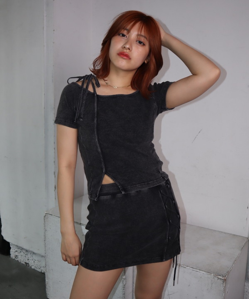oneshoulder rib tops＆skirt SETUP