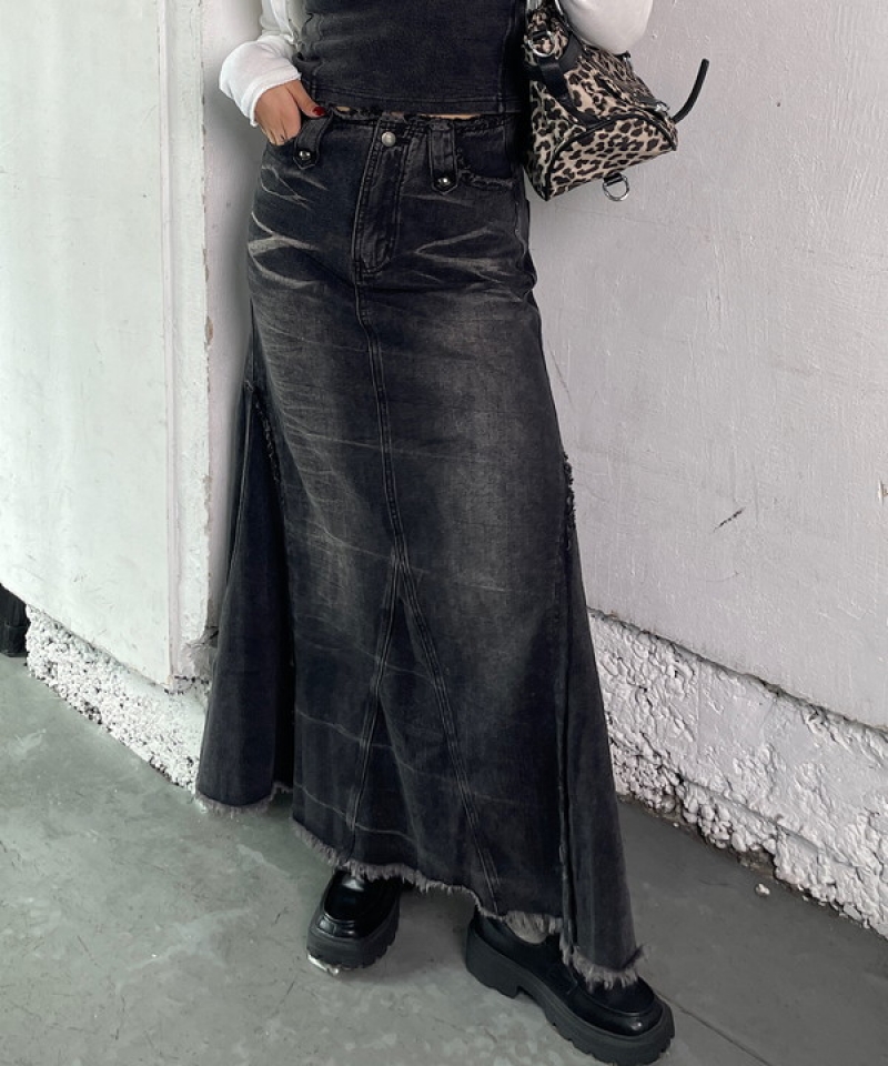 Denim long flare skirt