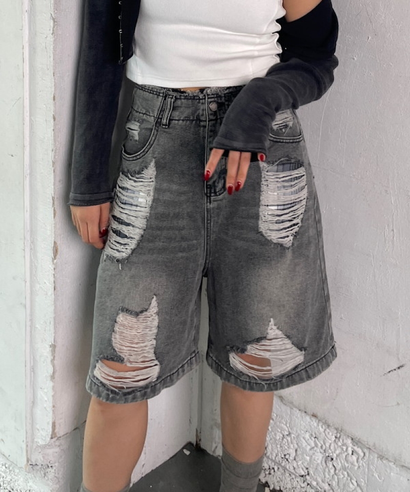 Denim damage half pants