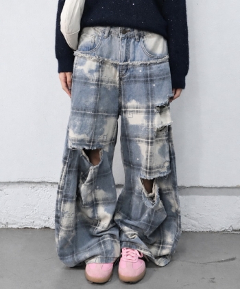 Checked damage wide denim pants