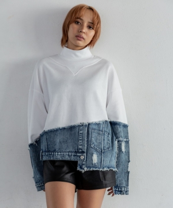 Denim switching sweat pullover