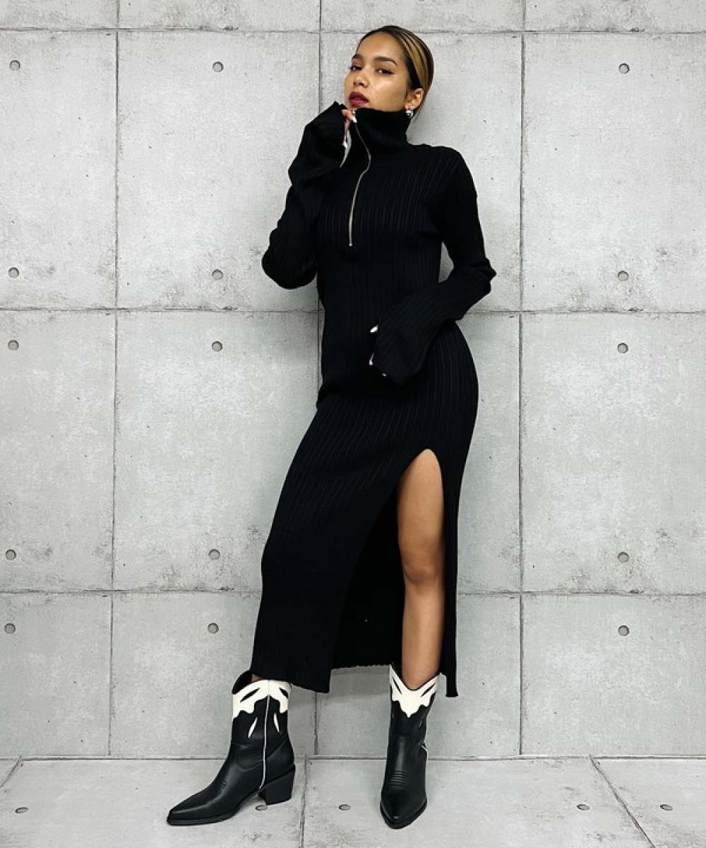 Highneck zip long knit one-piece