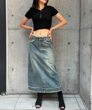 fringe denim long skirt