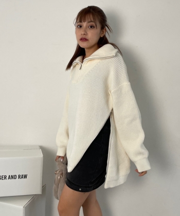 Side zip big collar knit