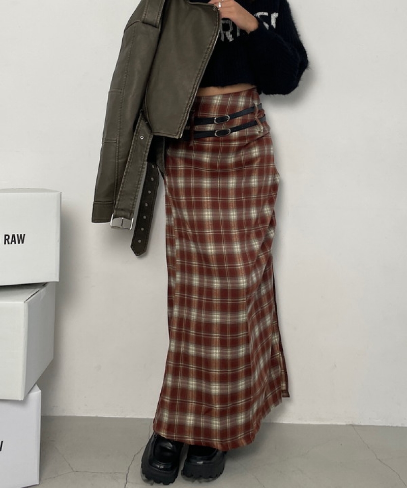 Checkered double belt gather skirt